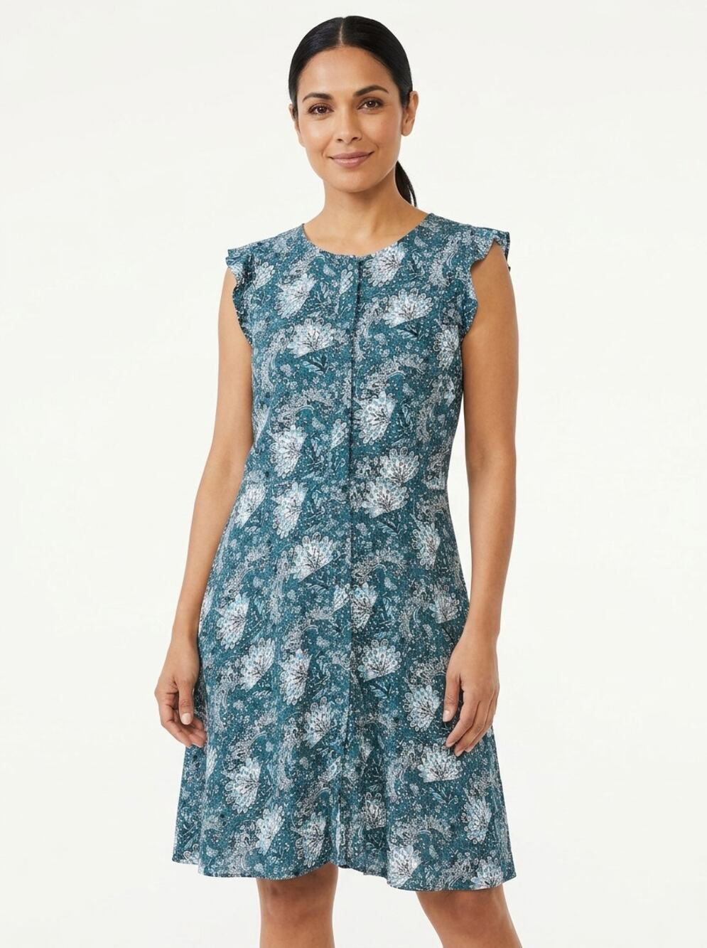 Loft Green Floral Ruffle Shoulder Sleeveless A-Line Dress Women Size 8